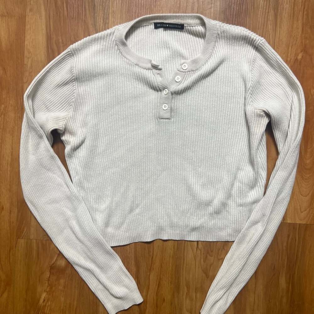Brandy Melville Ribbed Henley Long Sleeve Top White
